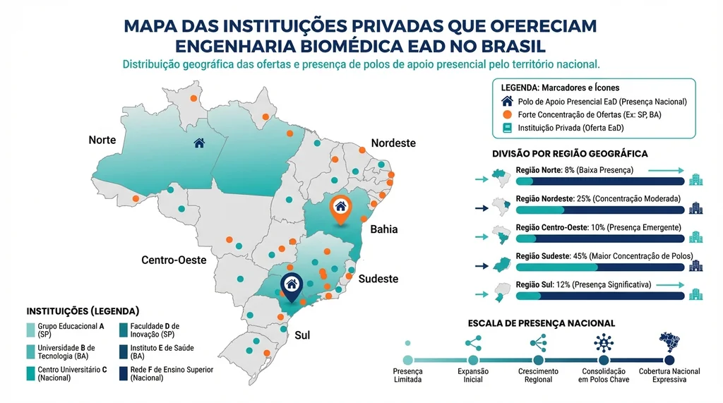 Mapa do Brasil mostrando distribuição das faculdades de Engenharia Biomédica EaD por estado em 2025