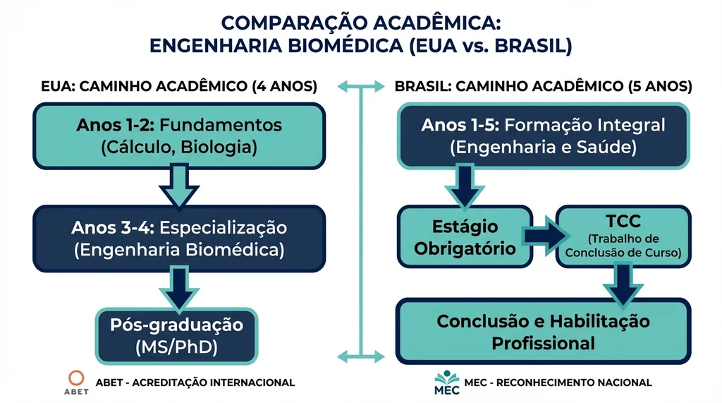Diagrama comparativo da formação em Engenharia Biomédica nos EUA (4 anos, ABET) e Brasil (5 anos, MEC).