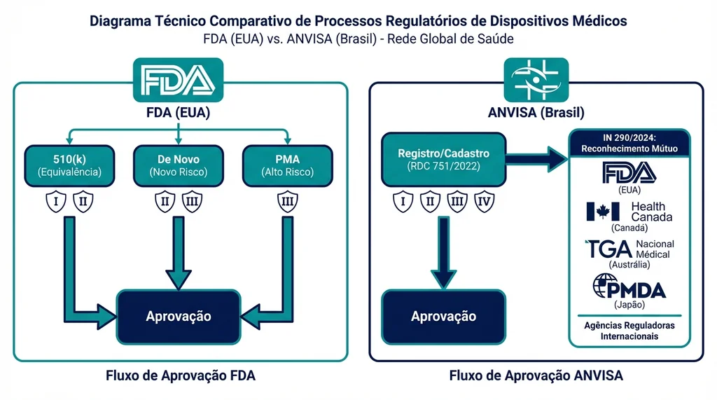 Diagrama comparativo dos processos de regulação de dispositivos médicos da FDA (EUA) e ANVISA (Brasil).