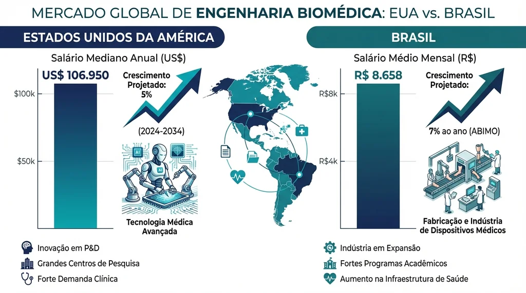 Infográfico comparando salários e crescimento do mercado de Engenharia Biomédica nos EUA e Brasil.