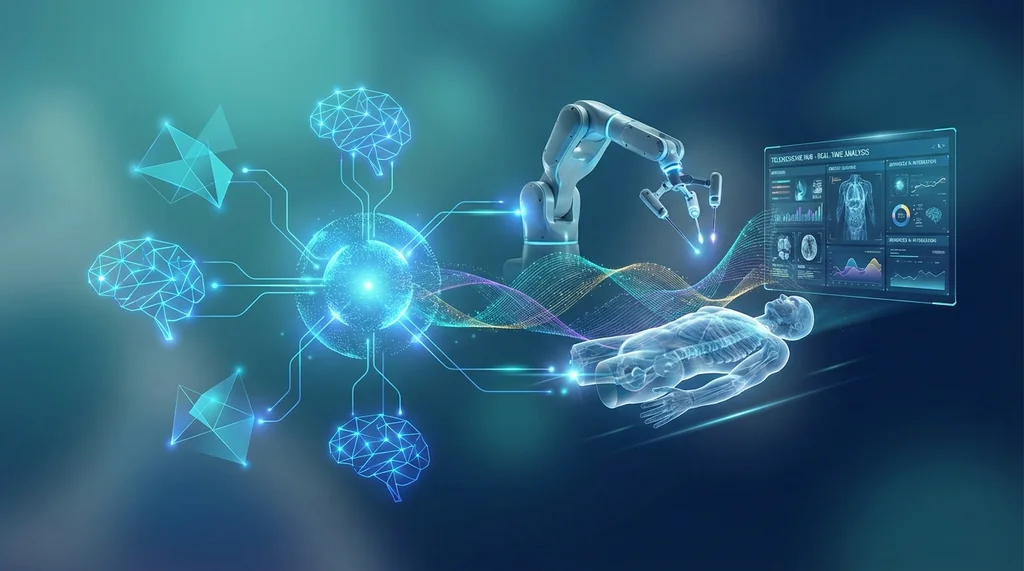 Visualização conceitual do mercado de engenharia biomédica, com IA, cirurgia robótica e telemedicina.