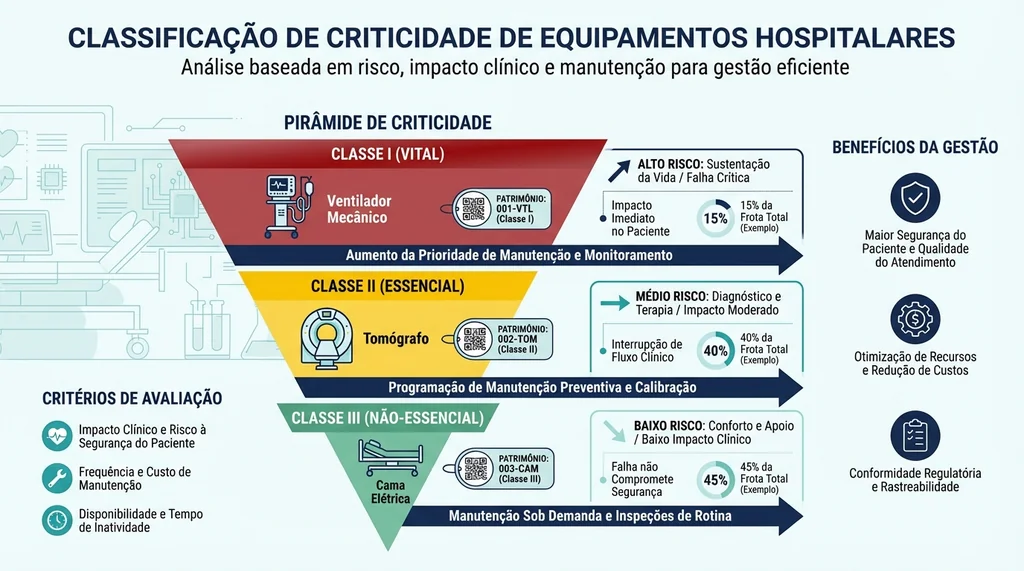 Diagrama de classificação de criticidade de equipamentos hospitalares em Classes I, II e III conforme NBR 15943 para programa de gerenciamento em engenharia clínica
