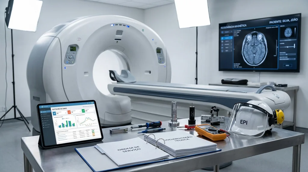 Engenheiro clínico inspecionando equipamento médico de alta complexidade em hospital com tablet CMMS e documentação técnica de ordem de serviço