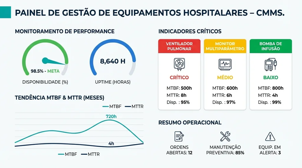 Painel de KPIs de engenharia clínica mostrando MTBF, MTTR e disponibilidade de equipamentos hospitalares críticos em dashboard hospitalar