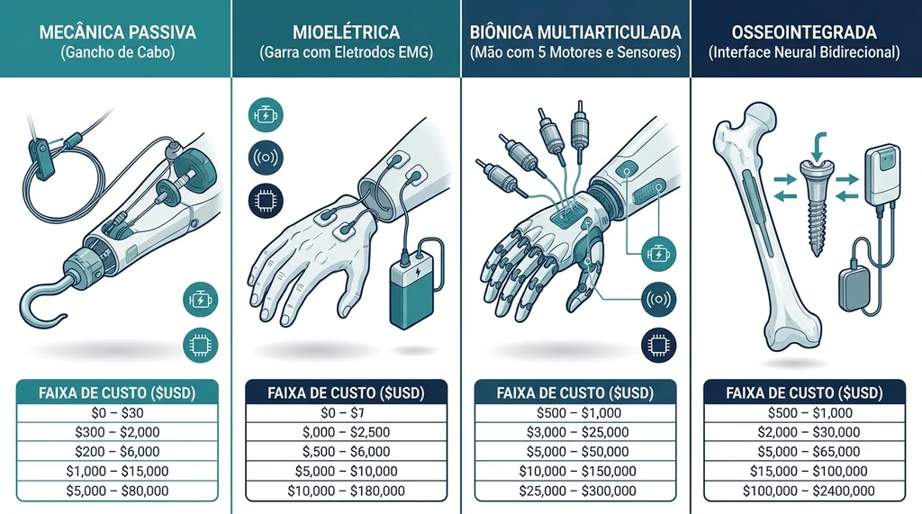 Comparativo técnico dos quatro patamares de próteses de membros: mecânica passiva, mioelétrica, biônica multiarticulada e osseointegrada com interface neural bidirecional