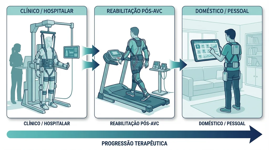Espectro de aplicações de exoesqueletos na reabilitação: do ambiente hospitalar com terapeuta ao exotraje suave pós-AVC e ao exoesqueleto pessoal para uso domiciliar autônomo