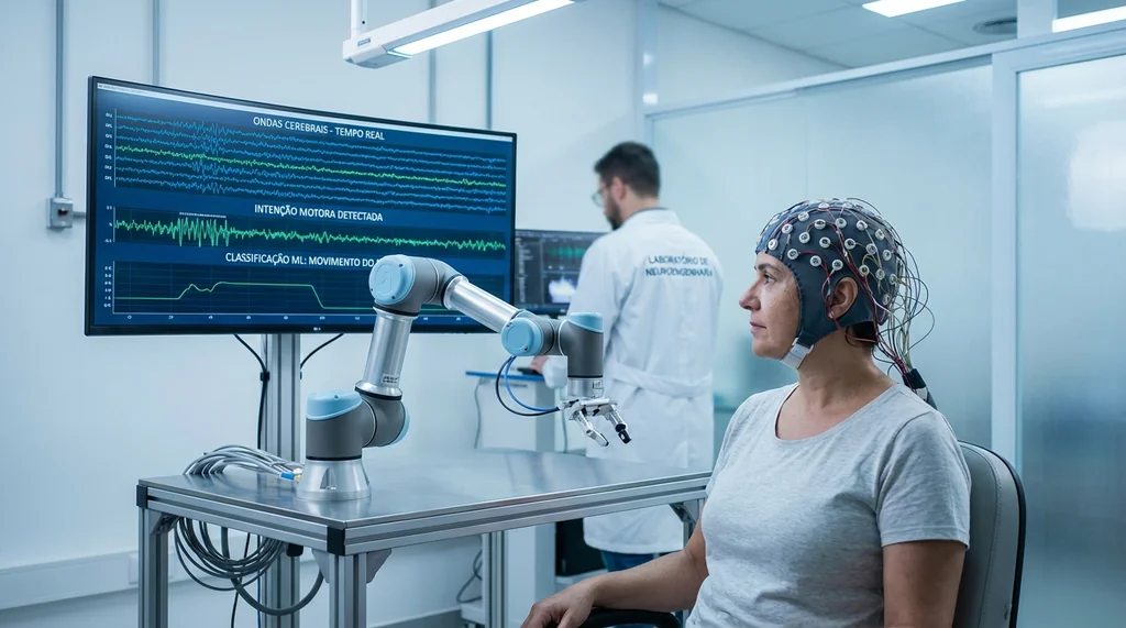 Paciente com interface cérebro-máquina não invasiva controlando braço robótico em laboratório de reabilitação neurológica com monitoramento de EEG em tempo real