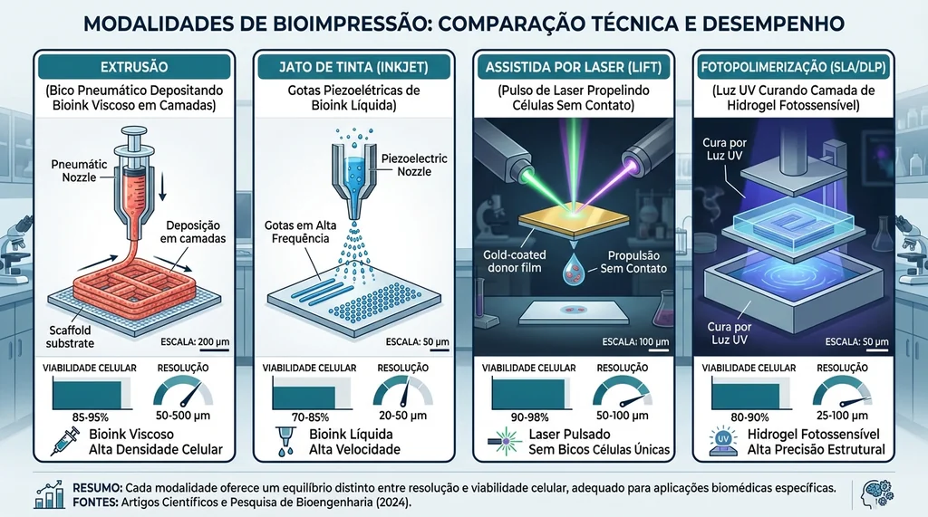 Comparativo das quatro modalidades de bioimpressão 3D, extrusão, inkjet, laser LIFT e fotopolimerização SLA, resolução e viabilidade celular
