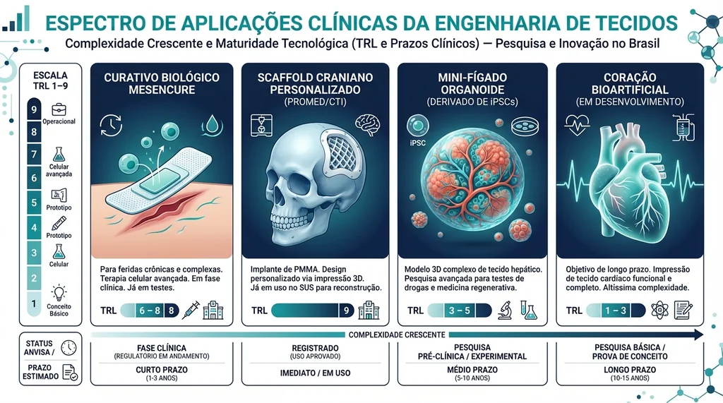 Espectro de maturidade clínica das aplicações de engenharia de tecidos no Brasil, de curativos biológicos a órgãos bioimpressos, com status regulatório ANVISA