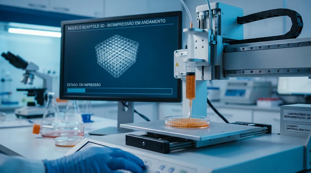 Pesquisador operando bioimpressor 3D em laboratório brasileiro de engenharia de tecidos, depositando bioink com células vivas camada por camada