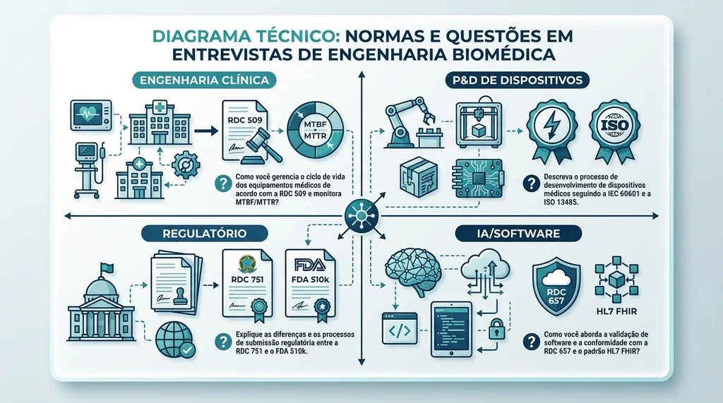 Diagrama em quatro quadrantes com perguntas técnicas e normas por área de atuação do engenheiro biomédico incluindo engenharia clínica regulatório P&D e IA em saúde