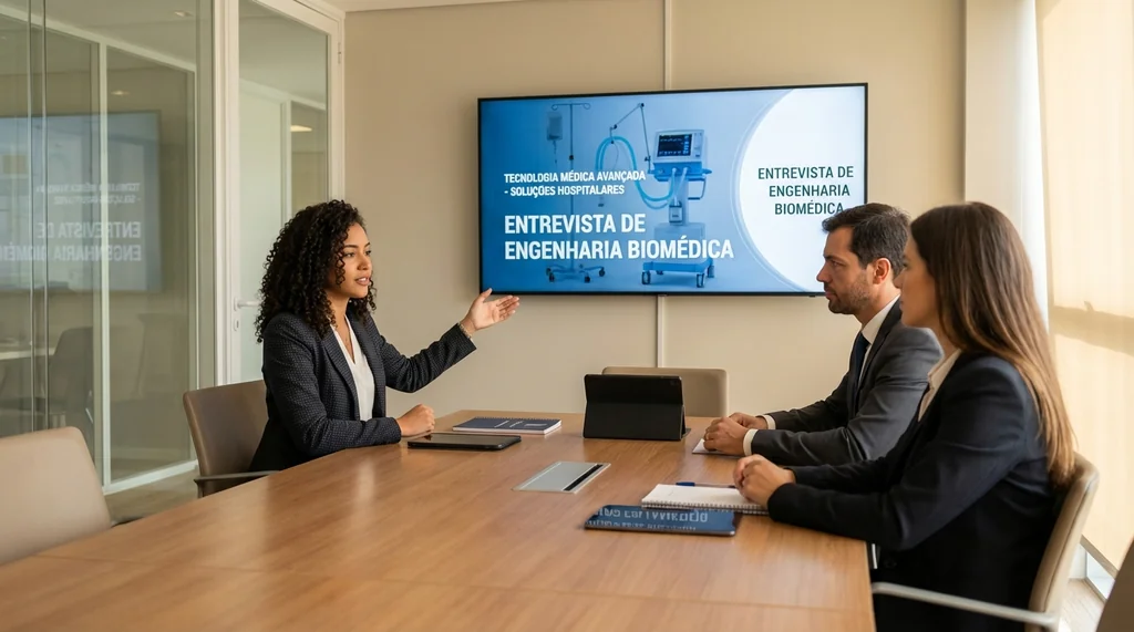 Engenheira biomédica em entrevista de emprego em multinacional de dispositivos médicos com dois entrevistadores em sala corporativa moderna