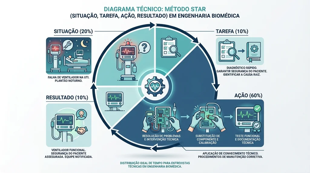 Infográfico do método STAR para entrevistas comportamentais com distribuição de tempo 20 por cento situação 10 por cento tarefa 60 por cento ação 10 por cento resultado aplicado a engenharia biomédica