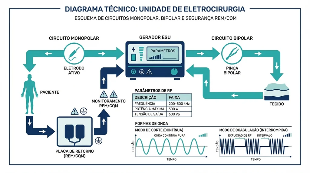 Diagrama técnico da unidade de eletrocirurgia mostrando circuitos monopolar e bipolar com parâmetros de frequência e modos de operação