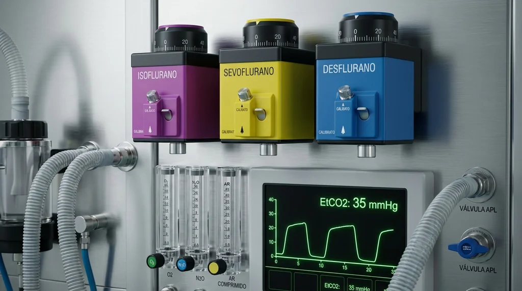 Painel de controle de estação de anestesia com vaporizadores calibrados, fluxímetros de gases e display de capnografia EtCO2 em verde