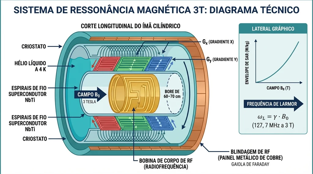 Diagrama técnico de corte longitudinal de sistema de ressonância magnética 3 Tesla mostrando magneto supercondutor com criostato de hélio, bobinas de gradiente triaxiais e bobinas de radiofrequência