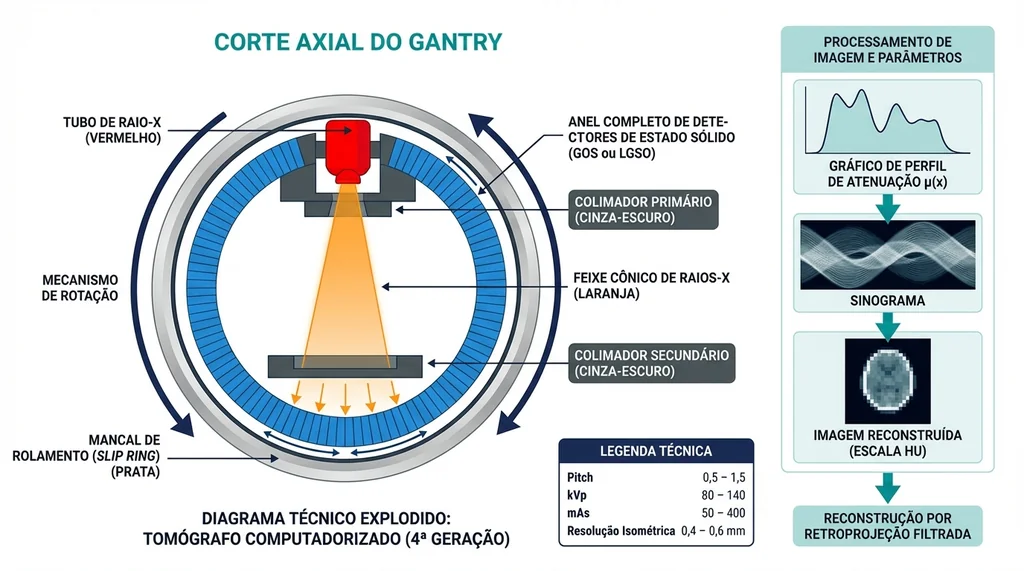 Diagrama técnico explodido de tomógrafo computadorizado de quarta geração com tubo de raio-X, anel de detectores, colimadores e fluxo de reconstrução de imagem por retroprojeção filtrada