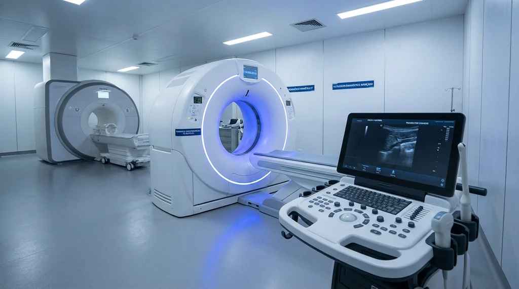 Sala de diagnóstico por imagem hospitalar com tomógrafo multislice, ressonância magnética 3T e sistema de ultrassom de última geração dispostos em ambiente clínico moderno
