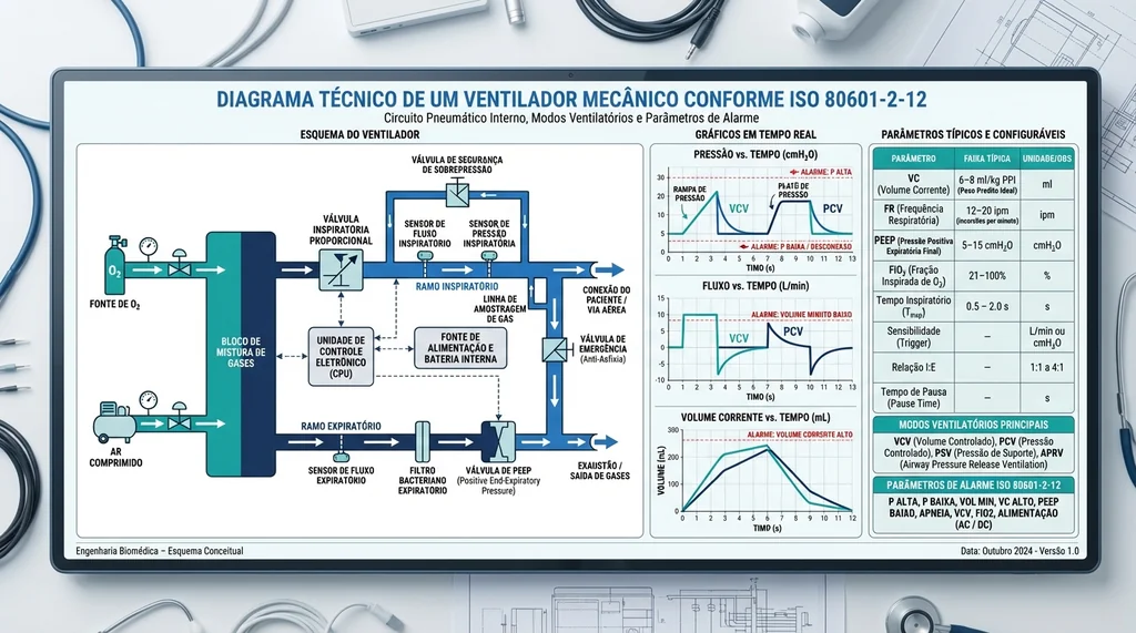 Diagrama técnico do circuito pneumático de ventilador mecânico com curvas de pressão, fluxo e volume nos principais modos ventilatórios VCV e PCV