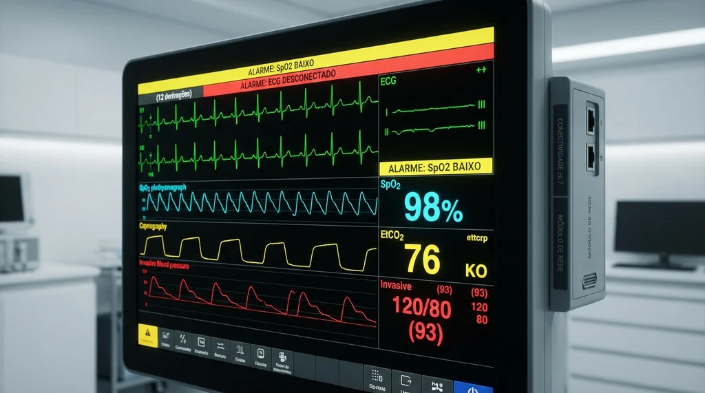 Display de monitor multiparamétrico de UTI mostrando curvas de ECG, SpO2, capnografia EtCO2 e pressão arterial invasiva com alarmes ativos em tela colorida