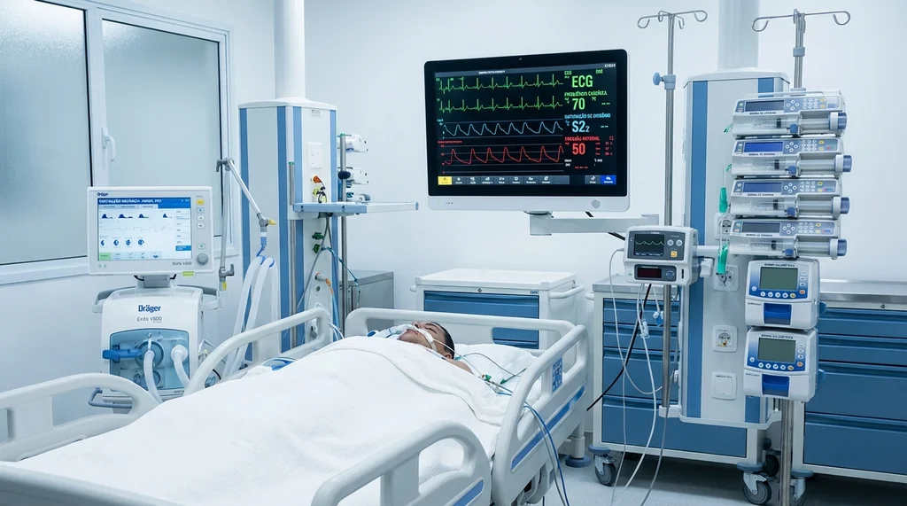 Leito de UTI adulto completamente equipado com ventilador mecânico, monitor multiparamétrico e torre de bombas de infusão em ambiente hospitalar