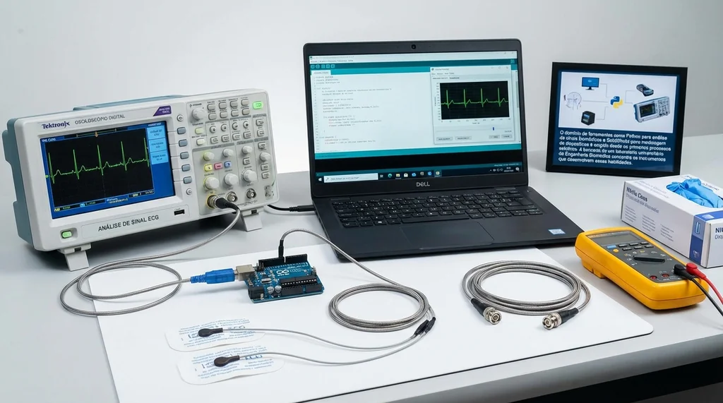 Bancada de laboratório de engenharia biomédica com Arduino, osciloscópio e laptop executando análise de sinal de ECG em Python