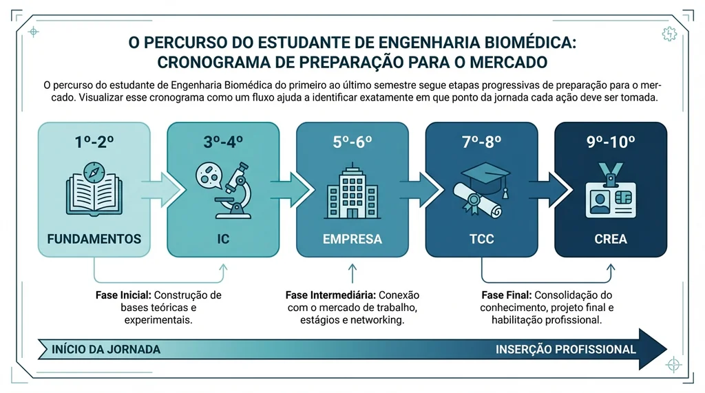 Cronograma semestre a semestre de preparação para estágio em engenharia biomédica do primeiro ao décimo semestre