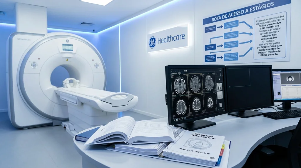 Estagiário de engenharia biomédica operando console de ressonância magnética em laboratório de empresa multinacional
