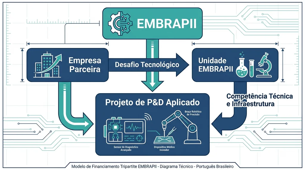 Diagrama do modelo tripartite de financiamento EMBRAPII conectando empresa, unidade de pesquisa e recursos compartilhados em projetos de P&D em saude