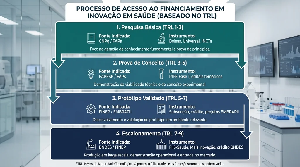 Fluxograma passo a passo para acesso ao financiamento público de inovação em saúde no Brasil, da inscrição à prestação de contas