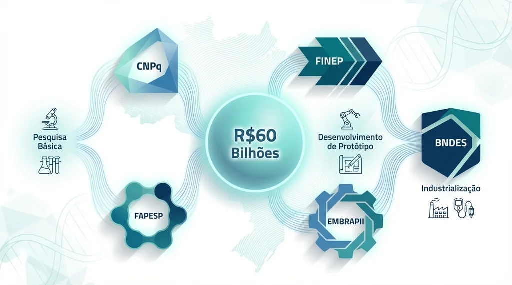 Infográfico mostrando o ecossistema de financiamento público à inovação em saúde no Brasil com CNPq, FAPESP, FINEP, EMBRAPII e BNDES