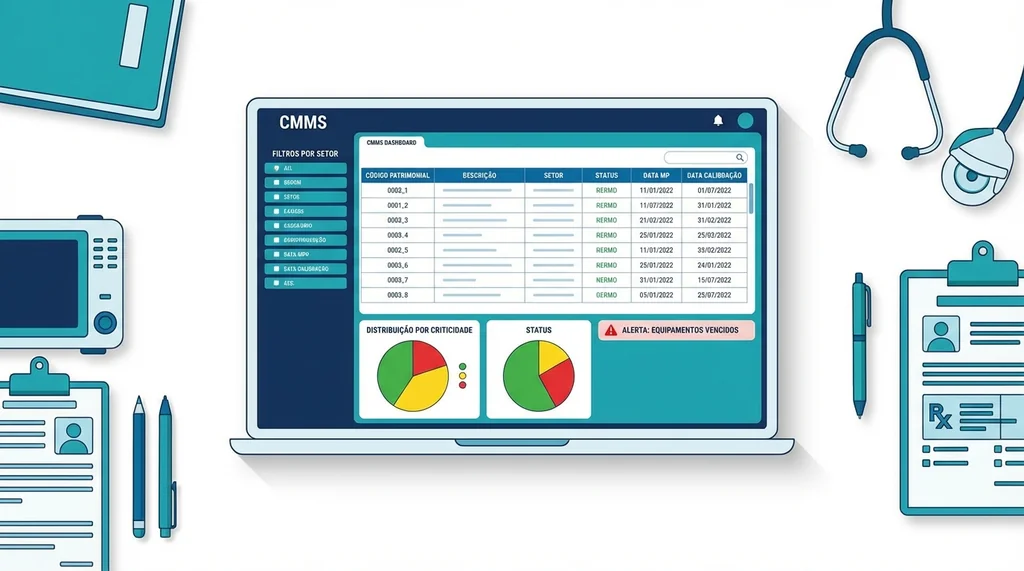 Dashboard de CMMS hospitalar exibindo inventário completo do parque tecnológico com status operacional, criticidade e alertas de manutenção por equipamento