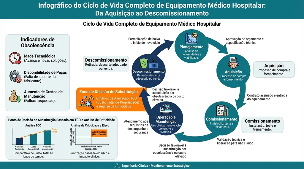 Infográfico do ciclo de vida completo de equipamento médico hospitalar com fases de planejamento à substituição e critérios de decisão baseados em TCO e obsolescência