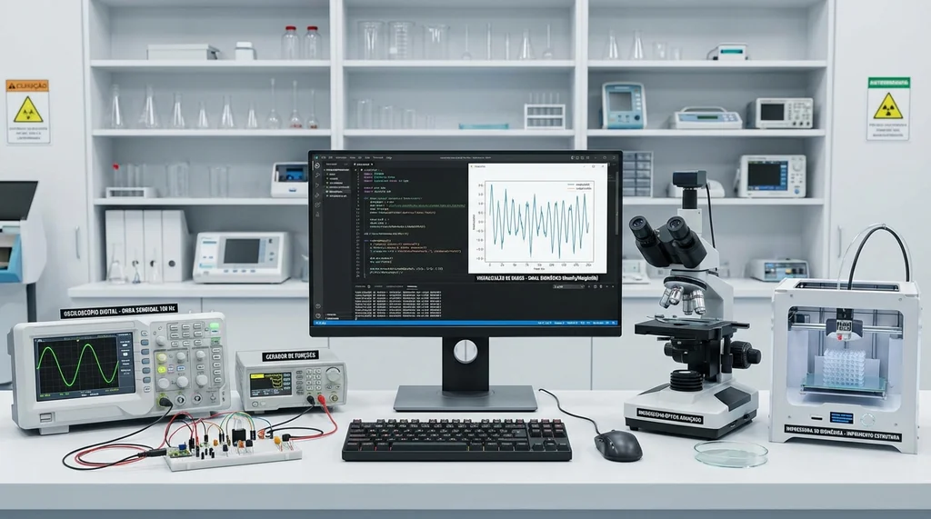 Bancada de laboratório de Engenharia Biomédica com osciloscópio, protoboard, computador com Python e impressora 3D de biomateriais.
