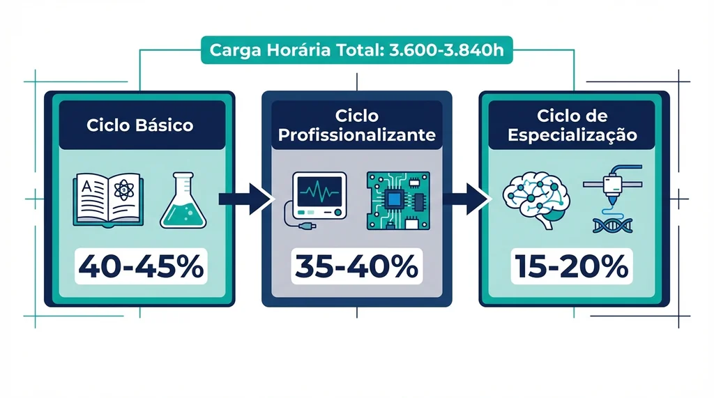 Diagrama da grade curricular de Engenharia Biomédica com três ciclos: Básico, Profissionalizante e Especialização, e carga horária.