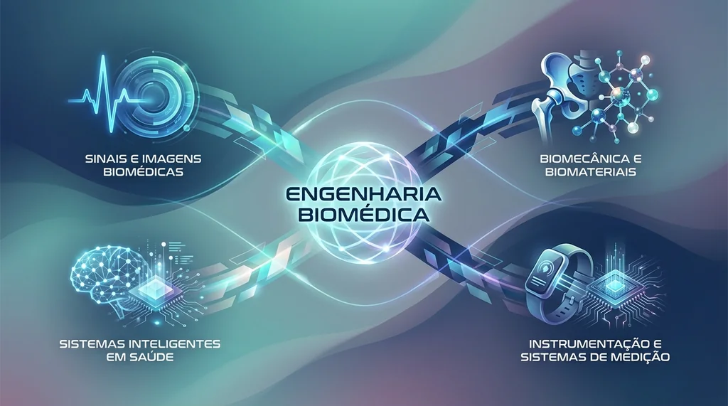 Visualização conceitual dos quatro eixos de especialização em Engenharia Biomédica: Sinais, Biomecânica, Sistemas Inteligentes e Instrumentação.