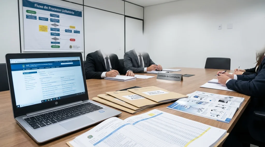 Comissão de licitação hospitalar analisando documentos técnicos de equipamentos médicos com Portal Nacional de Contratações Públicas aberto em notebook