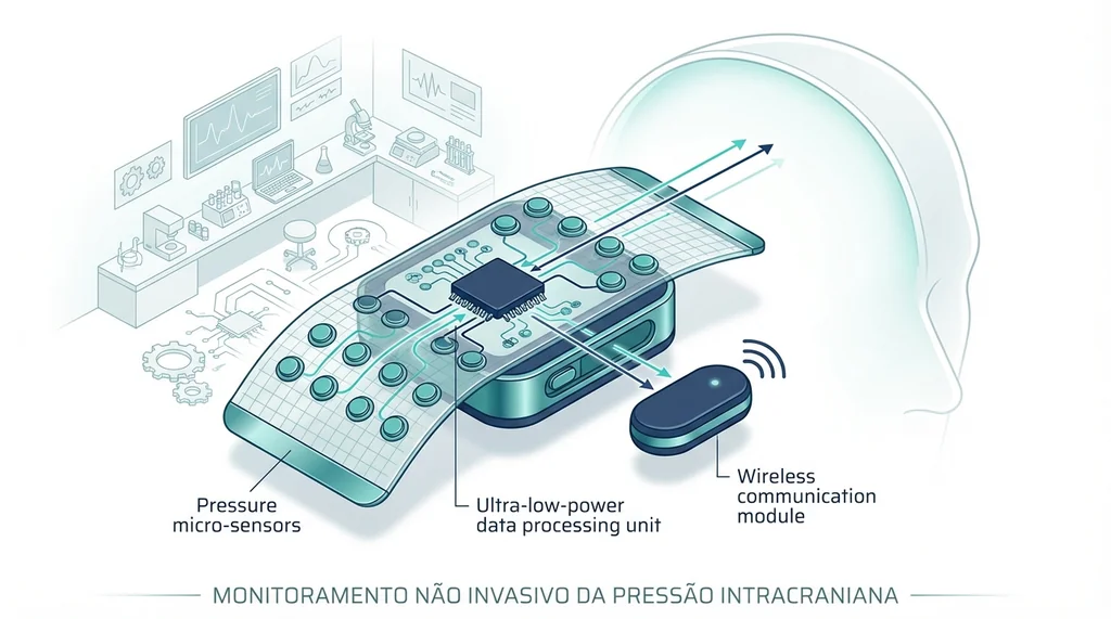 Ilustração técnica de um monitor não invasivo de pressão intracraniana, mostrando sensor vestível e seus componentes internos avançados.