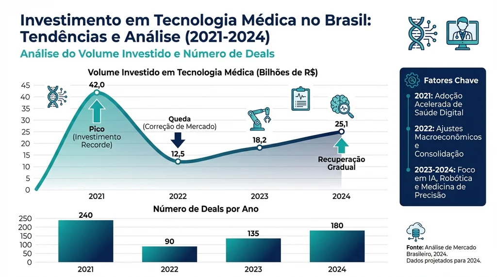 Infográfico do ciclo de investimentos em healthtechs brasileiras, detalhando volume e número de deals de 2021 a 2024.