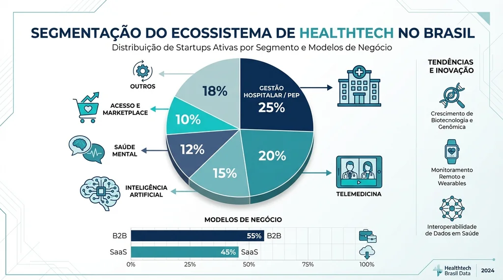 Mapa do ecossistema de healthtechs brasileiras com 1.919 startups mapeadas pelo Tracxn, distribuição por estado e comparação entre diferentes metodologias de contagem em 2026