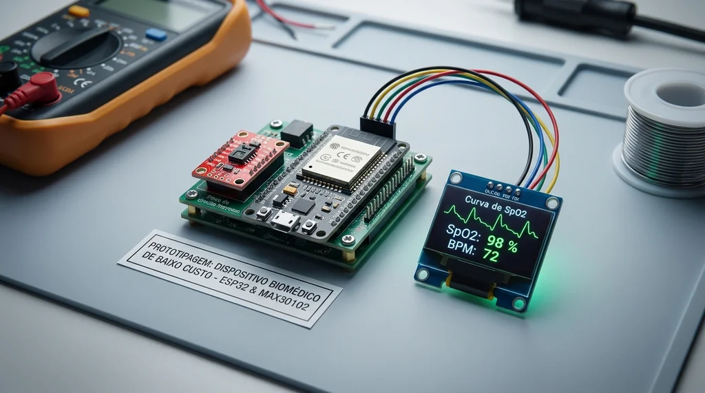 Protótipo de oxímetro de pulso com sensor MAX30102 e ESP32 exibindo SpO2 e frequência cardíaca em display OLED, montado em bancada de laboratório de engenharia biomédica
