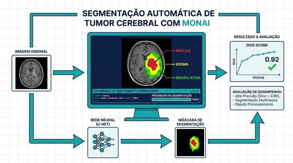Segmentação automática de tumor cerebral em MRI multimodal usando rede neural U-Net, com sobreposição colorida das sub-regiões tumorais e métricas de Dice Score