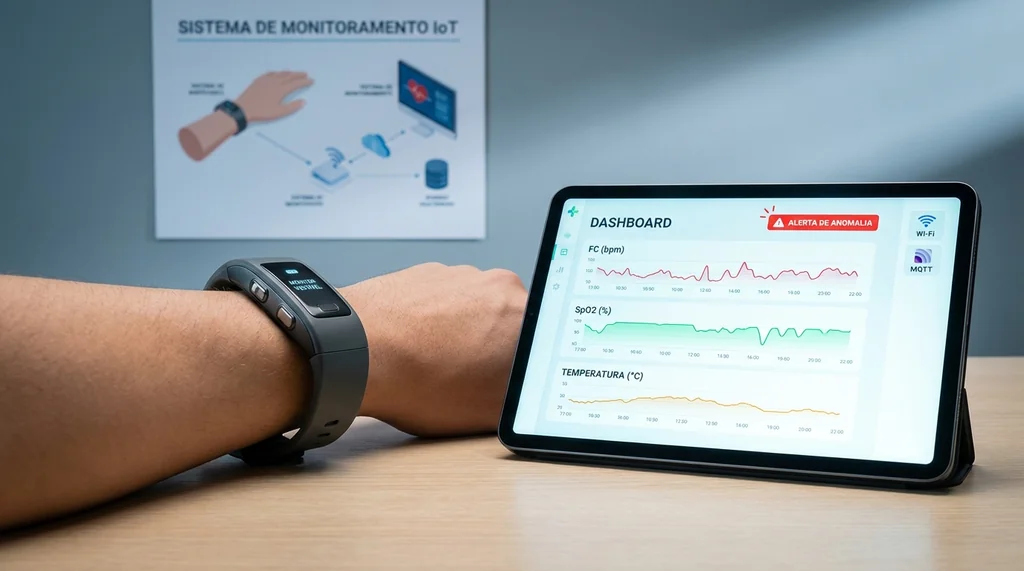 Sistema wearable IoT de monitoramento de sinais vitais com sensores de frequência cardíaca, SpO2 e temperatura, transmitindo dados em tempo real para dashboard hospitalar