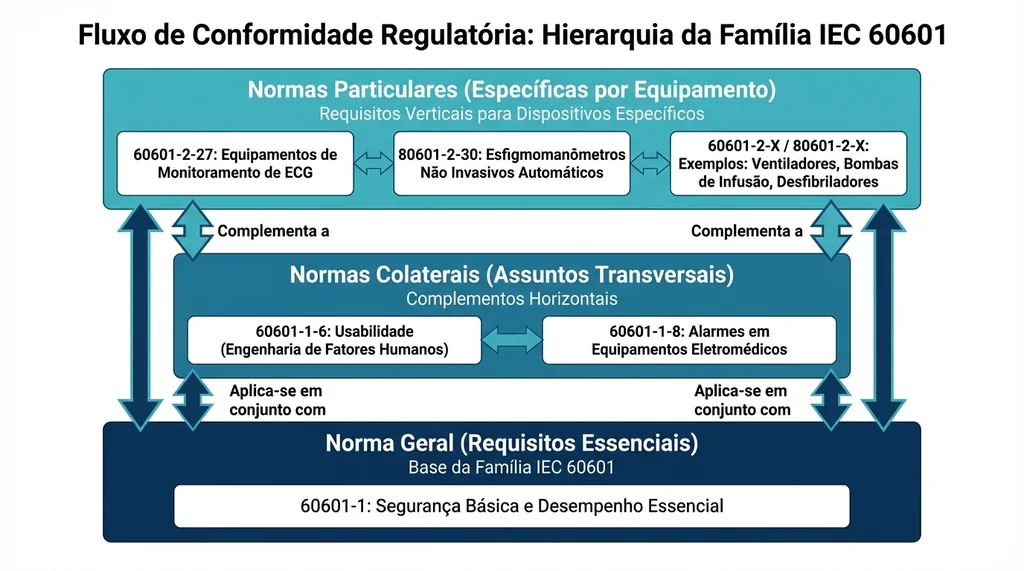 Diagrama hierárquico do modelo sanduíche da IEC 60601 com norma geral, colaterais e particulares em três camadas sobrepostas