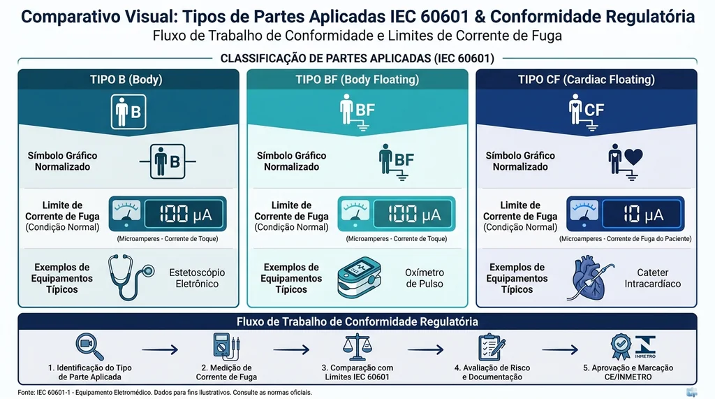 Tabela comparativa dos tipos de partes aplicadas IEC 60601 mostrando símbolos B, BF e CF com limites de corrente de fuga e exemplos de uso clínico