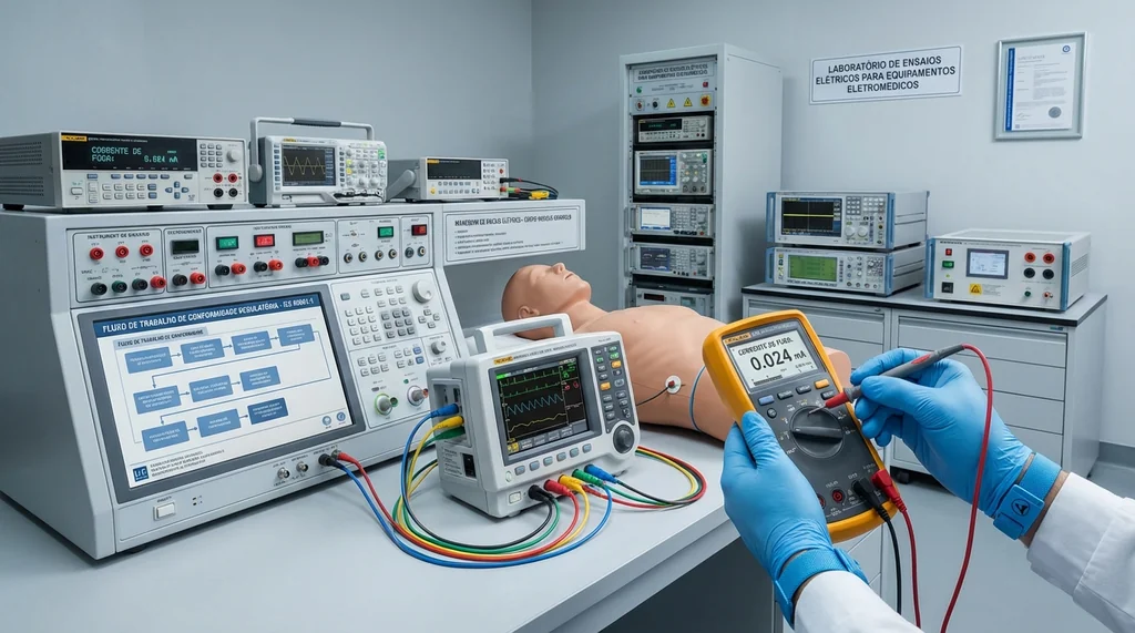 Técnico de laboratório realizando ensaio de corrente de fuga em equipamento eletromédico conforme requisitos da IEC 60601-1 em bancada instrumentada