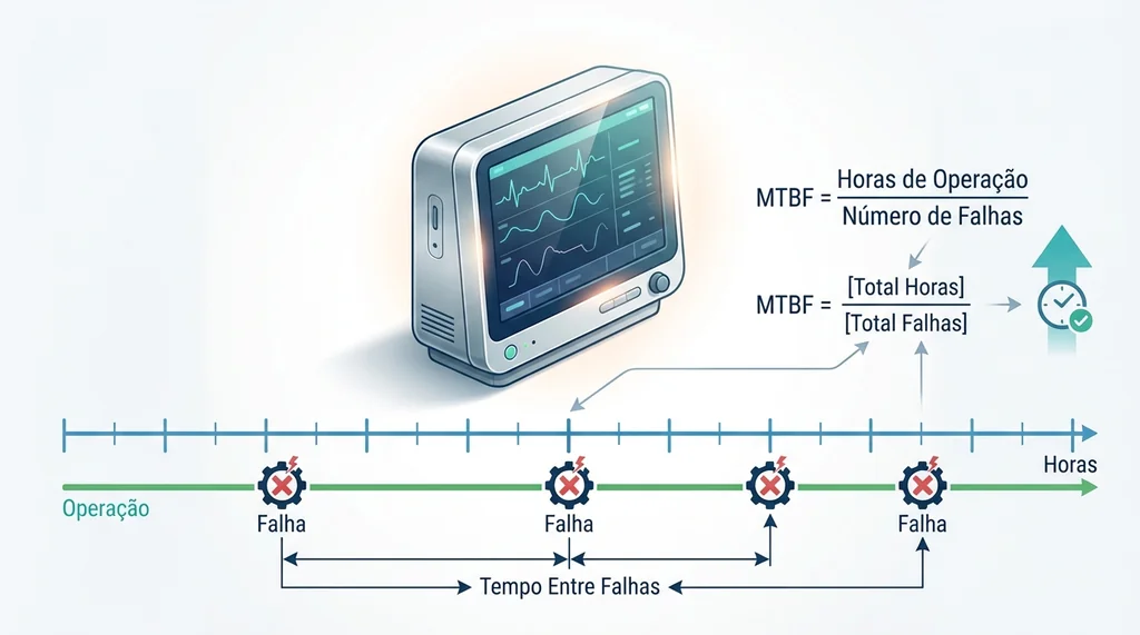 Ilustração do conceito de MTBF para monitor multiparamétrico, mostrando tempo de operação e falhas.