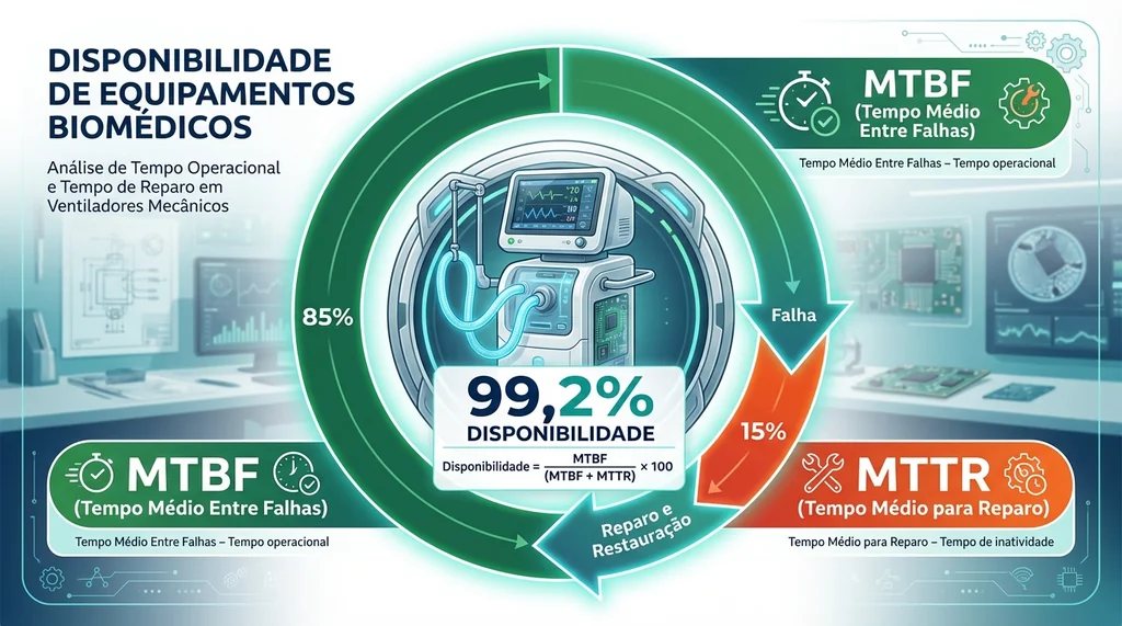 Infográfico da Disponibilidade de equipamentos, relacionando MTBF e MTTR para um ventilador mecânico.