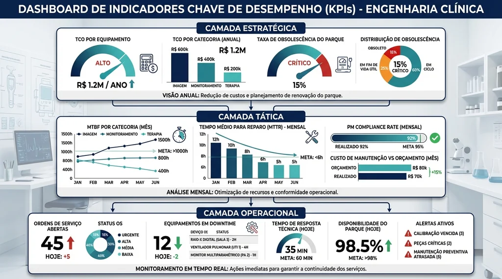 Infográfico de um dashboard de KPIs de engenharia clínica em três camadas: operacional, tática e estratégica.