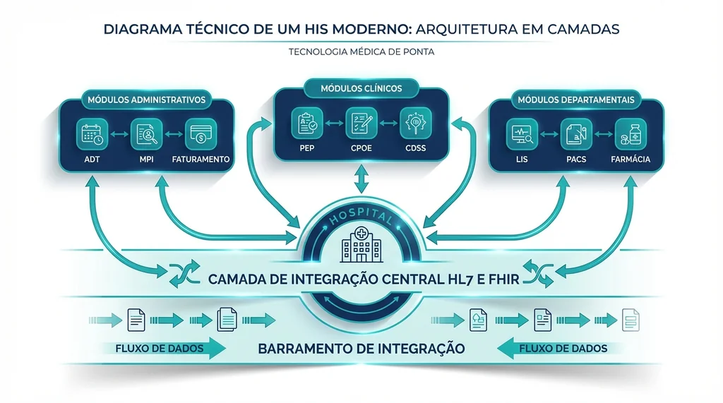 Diagrama de arquitetura de Sistema de Informação Hospitalar (HIS) com módulos clínicos, administrativos e interoperabilidade HL7 FHIR
